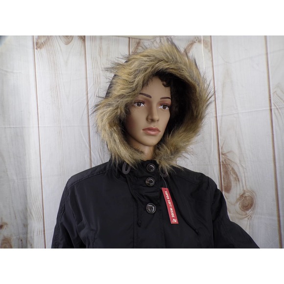 Arizona Jeans Co. Womens Black Jacket Faux Fur Hood Quilt Lining Rain Slick Med - Picture 2 of 11